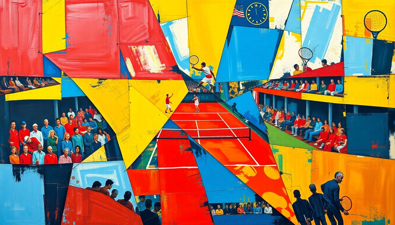 A cubist, geometric painting depicting a tennis match or tournament action, with sharp, overlapping planes of vibrant colors like red, blue, and yellow, capturing the energy and movement of the sport.