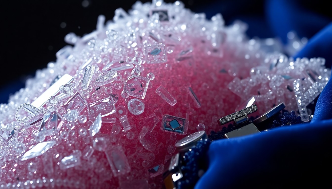 An extreme close-up of shattered glass, glittering sequins, and plush velvet textures, creating a dramatic, high-contrast visual representation of the emotional drama and glamour of the Bold and the Beautiful soap opera.