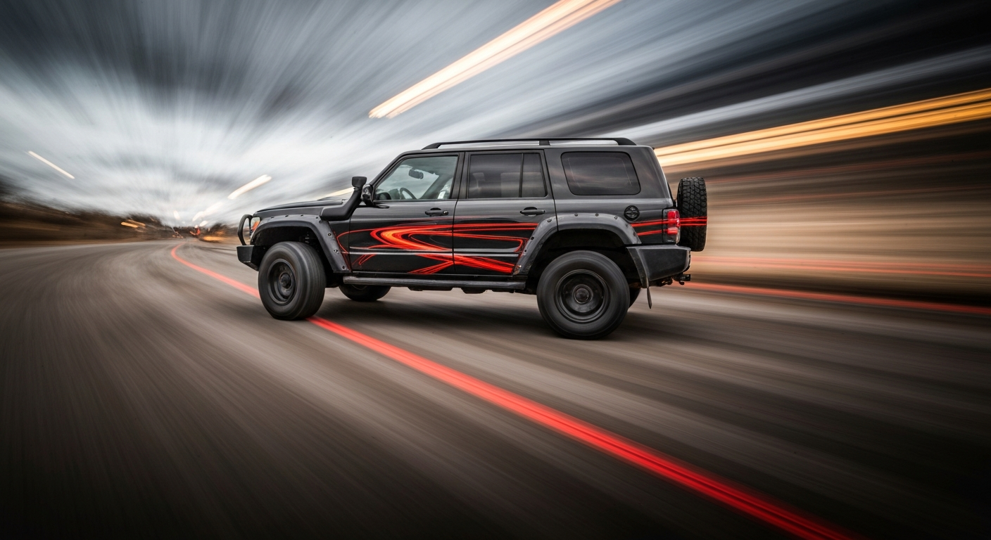 An abstract, colorful image created with a slow shutter speed and panning motion, depicting a rugged off-road SUV in dynamic, sweeping brushstrokes that convey a sense of speed, power, and adventure.