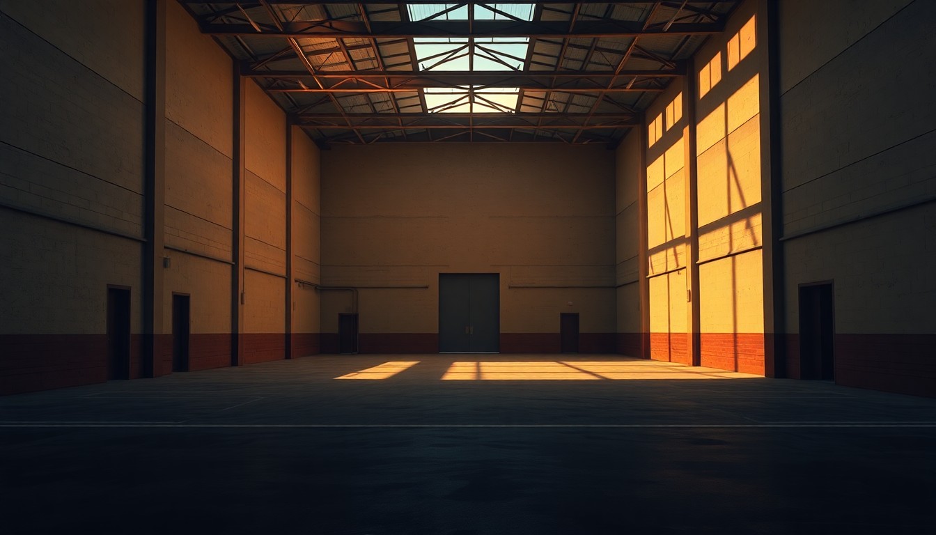 A serene, photorealistic painting of a plain, unassuming government warehouse building, its facade illuminated by warm, angled sunlight casting long shadows across the structure, conveying a sense of political and bureaucratic uncertainty.
