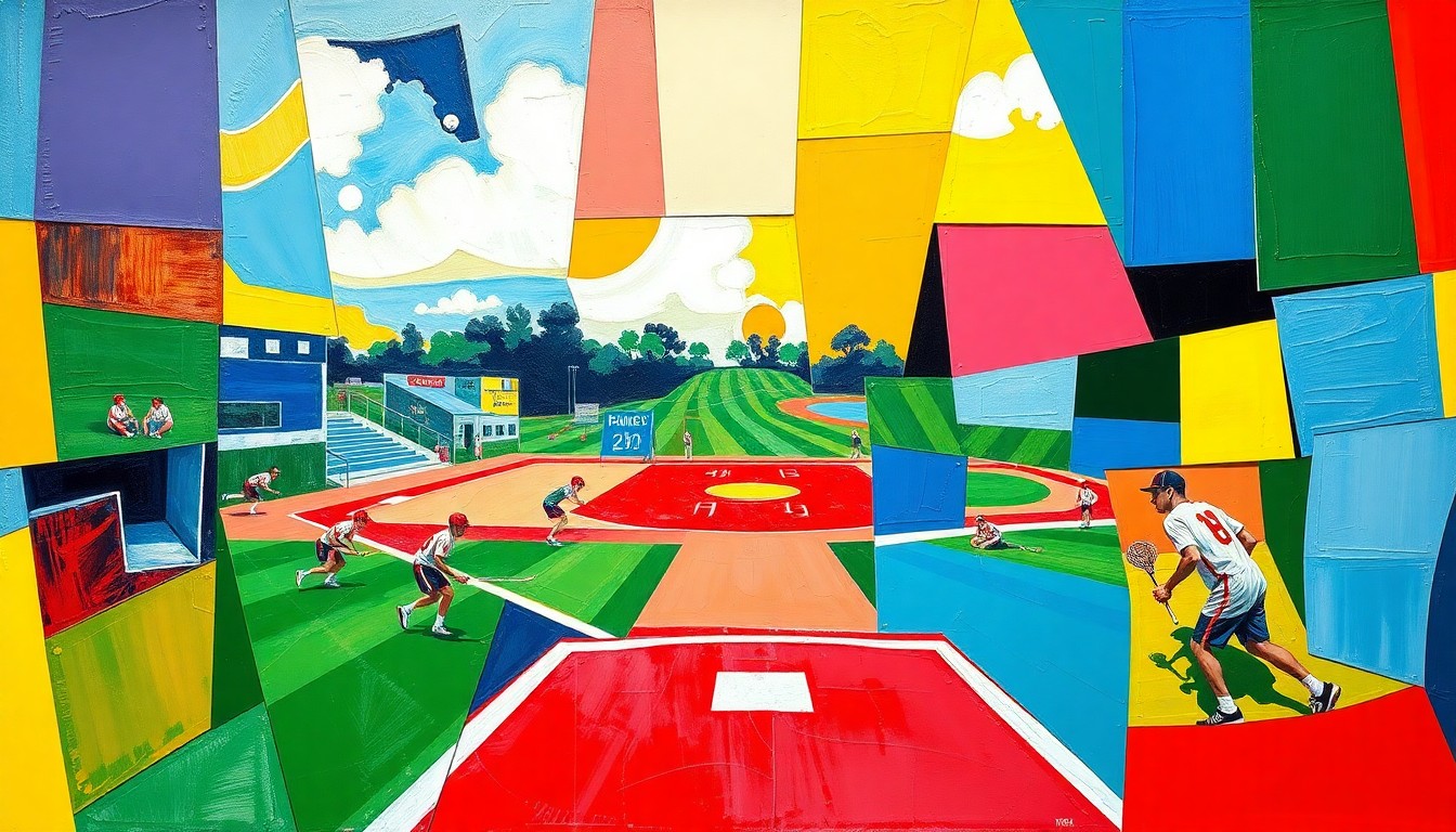A fragmented, geometric painting depicting the dynamic movements and energy of a high school sports competition, with sharp planes of color and overlapping shapes representing the players and action on the field or court.