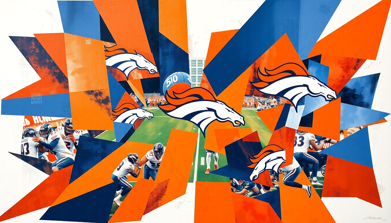 A cubist, geometric painting depicting a fragmented football game, with sharp, overlapping planes of orange, blue, and white representing the Denver Broncos' team colors and the complex challenges facing the organization.