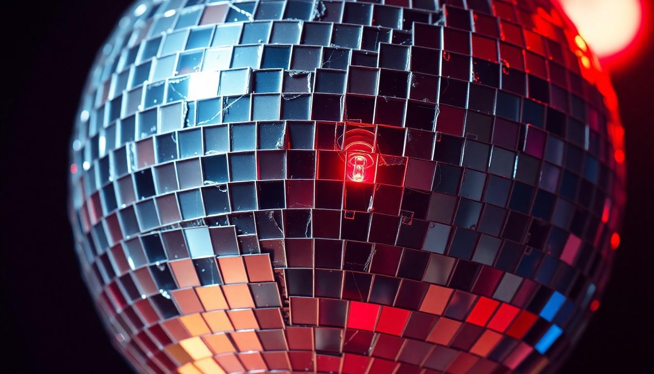 An extreme close-up of a cracked, glittering disco ball reflecting a faint red light, creating an abstract, high-contrast image that conceptually represents the deception and fragility of celebrity culture and social media.