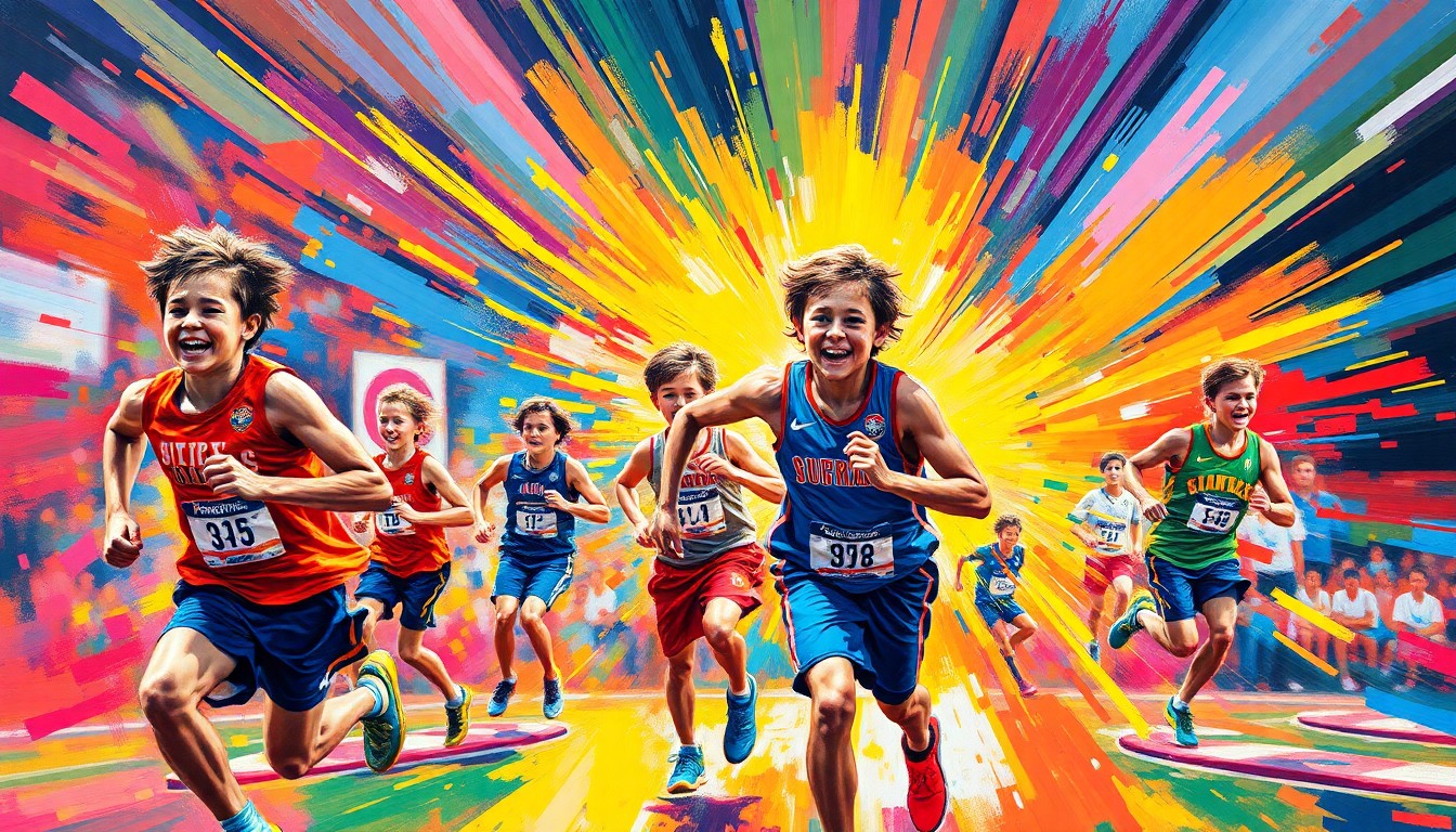 An abstract, energetic painting in neon colors depicting the dynamic movements and competitive spirit of athletes participating in a Special Olympics event.
