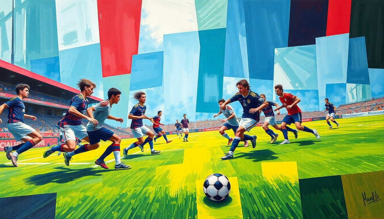 A fragmented, geometric painting depicting a college club soccer match, with players, the ball, and the field rendered in overlapping planes of vibrant colors.