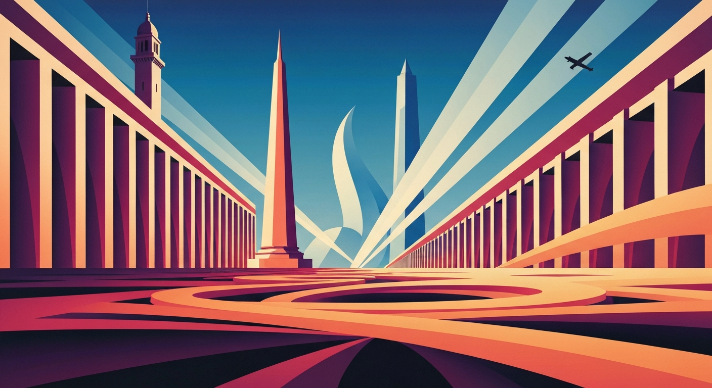 A highly stylized, geometric illustration depicting the grand, sweeping architecture and lush landscapes of a tropical resort, rendered in smooth gradients of blues, greens, and golds to capture the romantic and luxurious atmosphere of a Disney vacation destination.