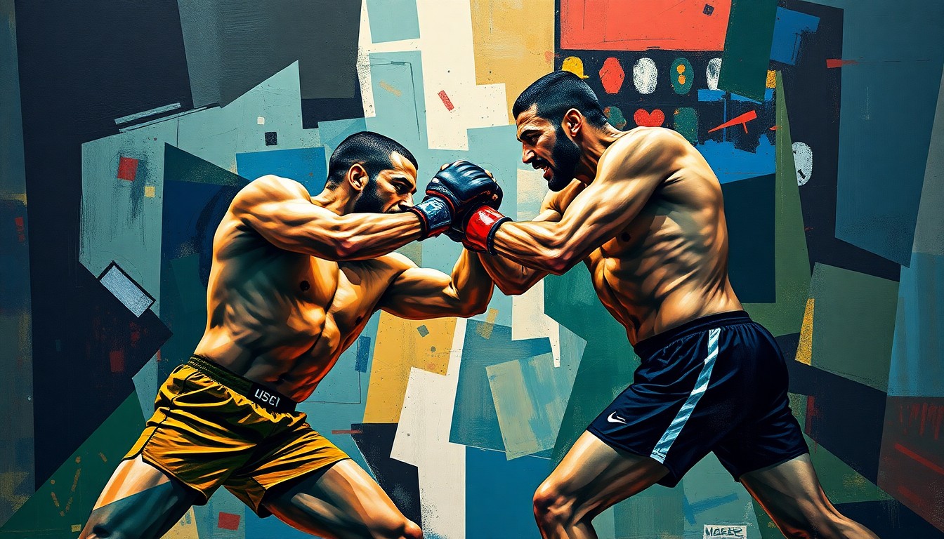 A fragmented, geometric painting in bold blues, greens, and reds depicts the dynamic movements and clashing energy of two MMA fighters engaged in a high-intensity match, conveying the conceptual tension and excitement of the upcoming bout.