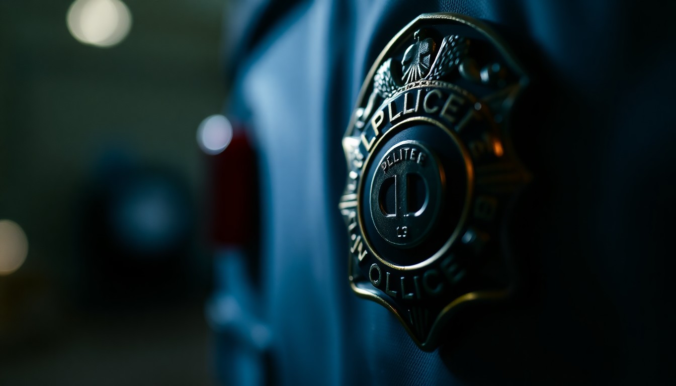 An extreme close-up photograph of a police badge, with the metal surface reflecting a faint light and the shallow depth of field creating a dramatic, moody atmosphere that conceptually represents the significance of a veteran officer's retirement.