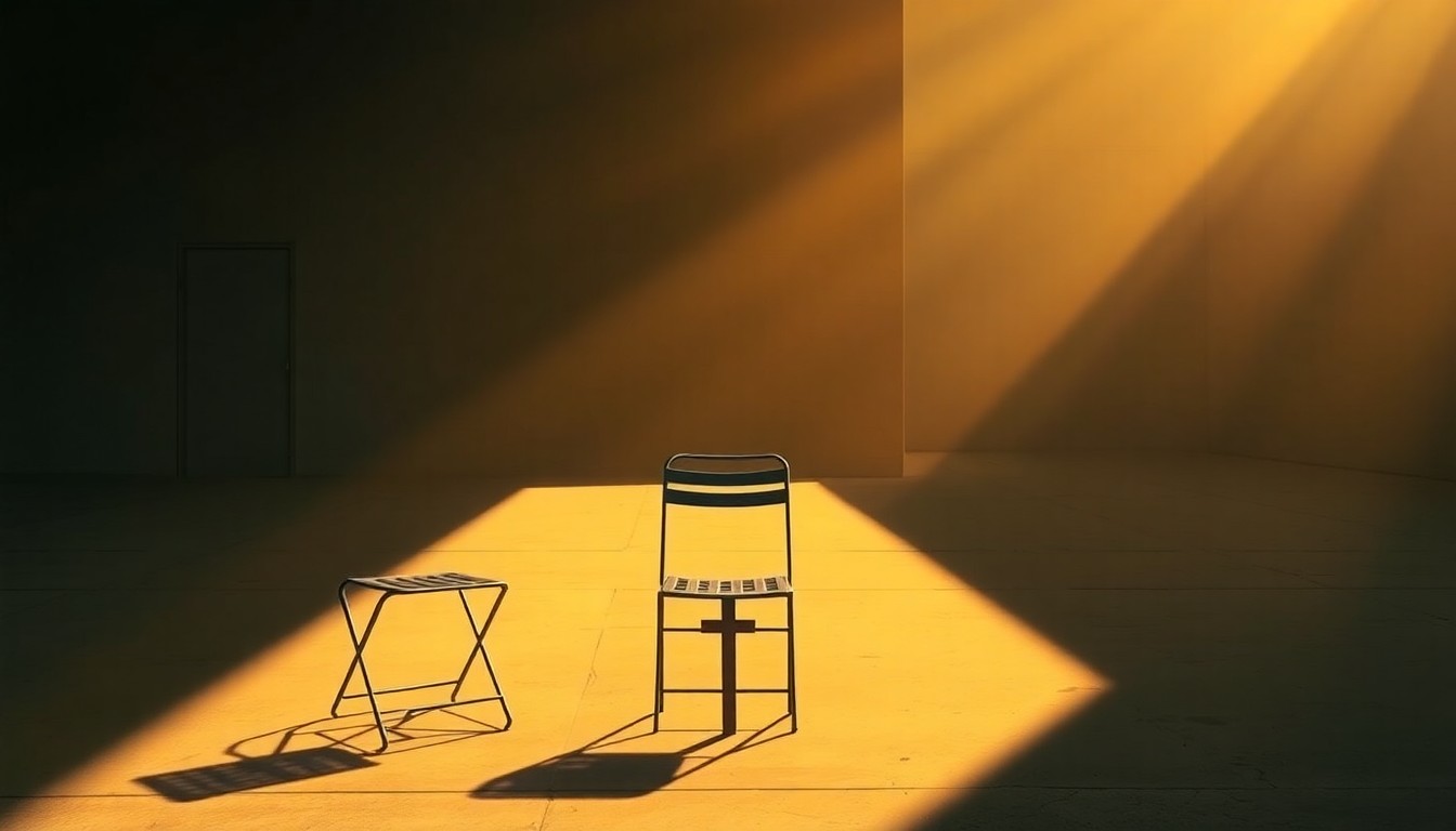 A serene, cinematic painting depicting a simple metal folding chair and a small wooden cross in the foreground, surrounded by deep shadows and warm diagonal sunlight, set against the plain concrete exterior of an immigration detention facility. The image conveys a sense of quiet contemplation and spiritual connection, despite the harsh institutional setting.
