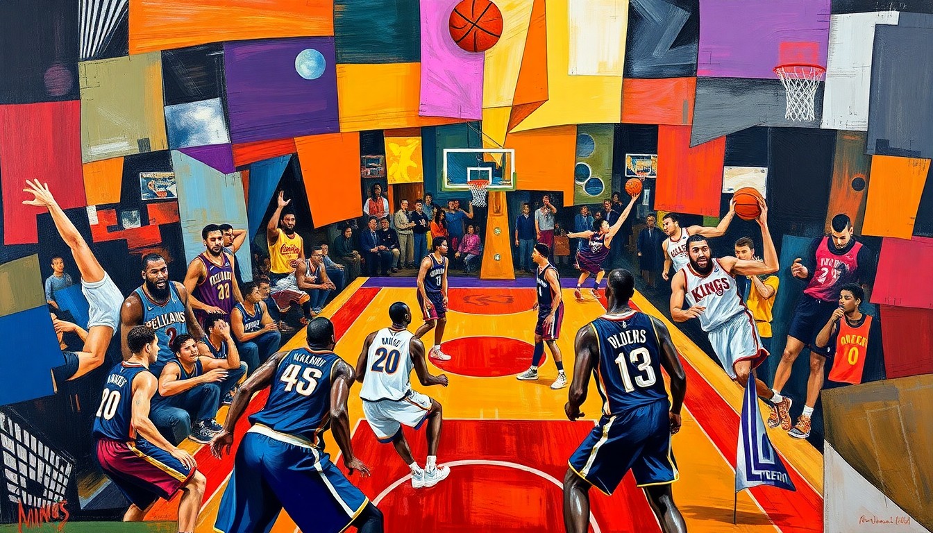 A cubist-inspired painting featuring overlapping geometric shapes and planes in the colors of the Pelicans and Kings uniforms, representing the dynamic action of a basketball game.