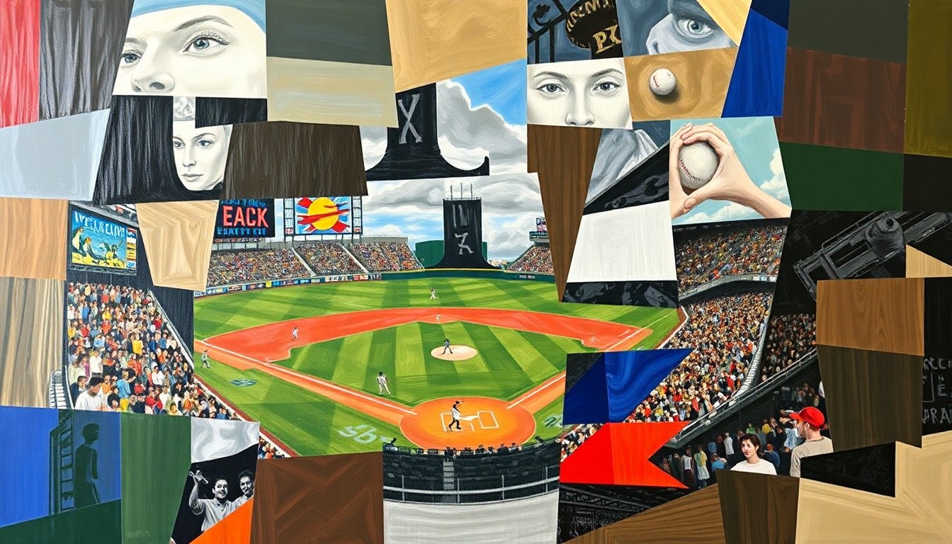 A cubist, geometric painting depicting a baseball game broken down into overlapping planes of color and shape, capturing the dynamic energy and movement of the sport.