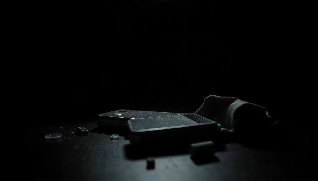 An extreme close-up photograph of a discarded cell phone with a cracked screen, lit by a harsh, direct camera flash against a pitch-black background, conceptually representing the gritty details of a criminal investigation.