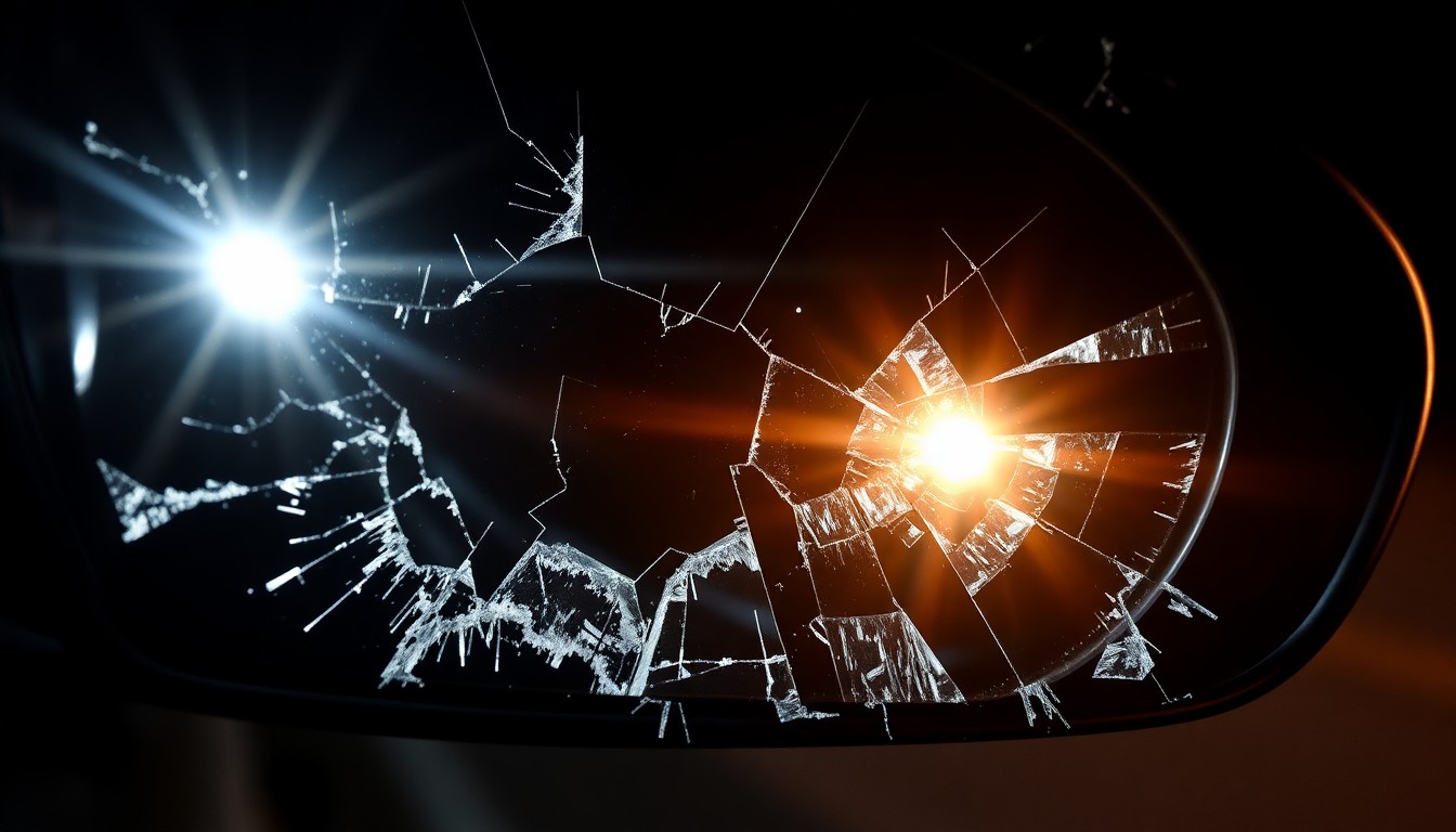 An extreme close-up photograph of a shattered car side mirror lens reflecting the harsh glare of a camera flash, conceptually illustrating the aftermath of a hit-and-run crash.