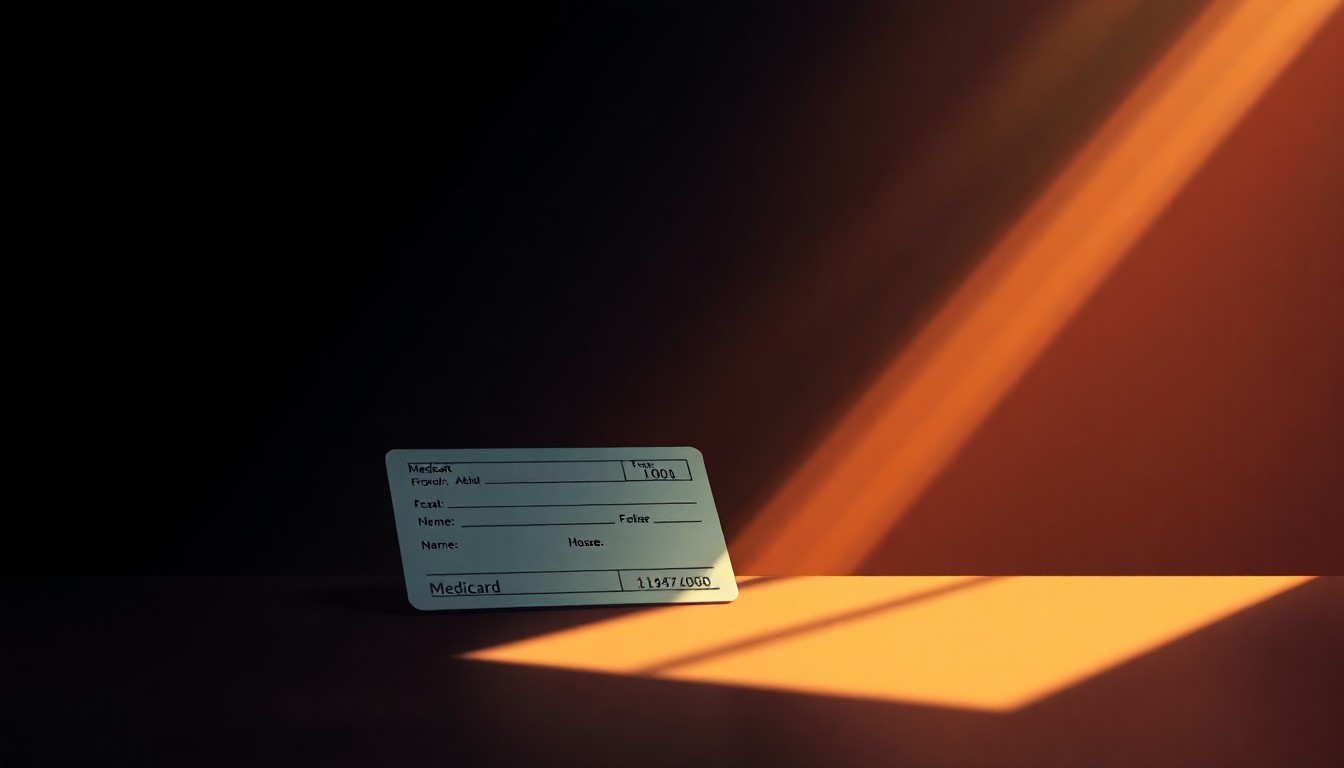 A realistic oil painting depicting a lone Medicaid card or medical document resting on a wooden table, bathed in warm, dramatic lighting and deep shadows, conveying a sense of uncertainty and concern over the proposed policy changes.