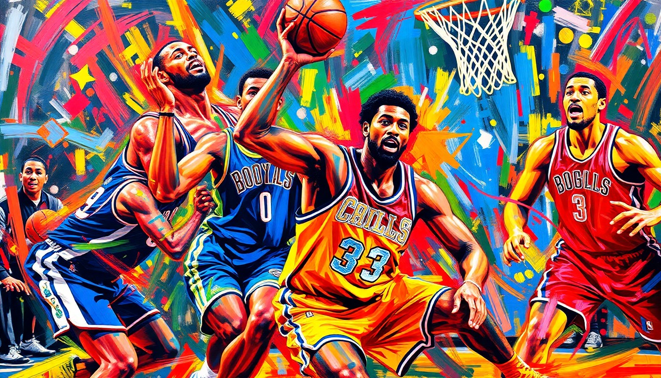 An abstract, energetic painting in vibrant neon colors, capturing the dynamic movements and competitive spirit of a basketball game through bold, expressive brushstrokes.