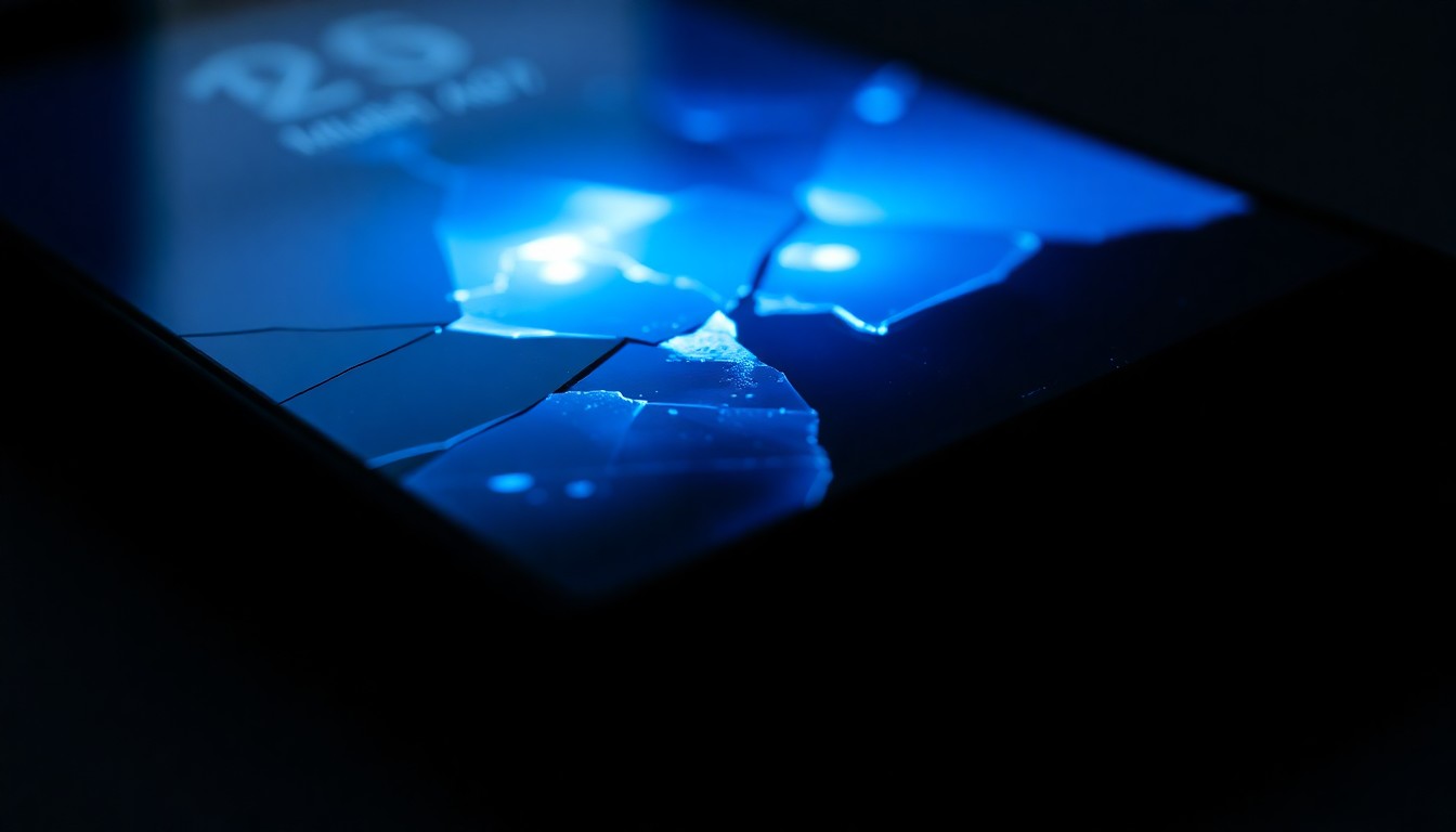 An extreme close-up of a shattered mobile phone screen reflecting a faint blue light, conceptually representing the digital evidence gathered in a child pornography investigation.