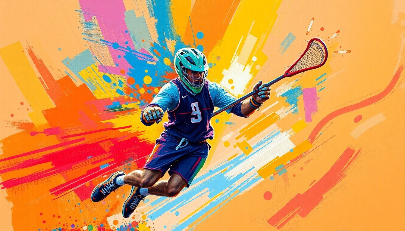 An abstract painting in a vibrant expressionist style, using neon colors and dynamic brushstrokes to depict the intense action of a lacrosse goalie making a dramatic save.