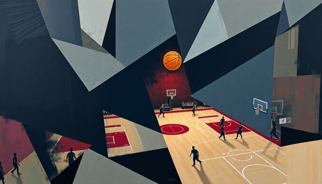 A fragmented, geometric painting depicting a basketball game, with sharp planes of navy, burgundy, and grey overlapping to create a deconstructed, abstract scene that conceptually represents the fan outrage over the Wizards' relocation prank.