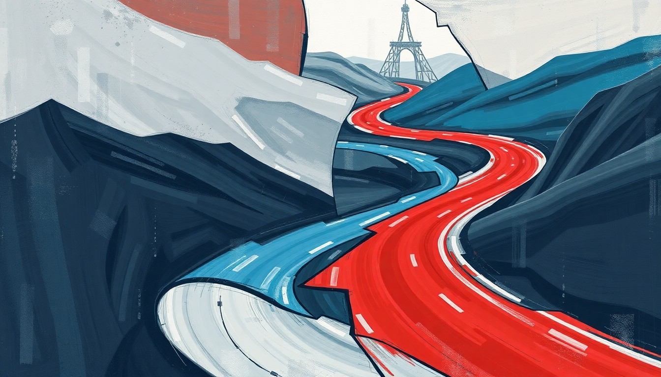 A dynamic, abstract painting featuring overlapping geometric shapes and lines in shades of gray, blue, and red, conceptually representing the divisive political debate over the highway naming.