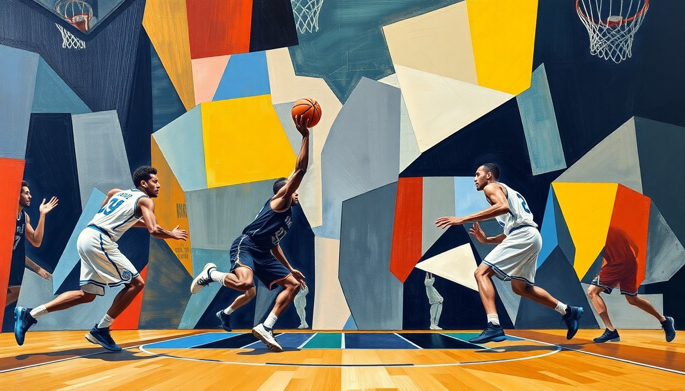 A fragmented, geometric painting in vibrant colors depicting the abstract forms of basketball players, the court, and the ball, capturing the dynamic action of the game.