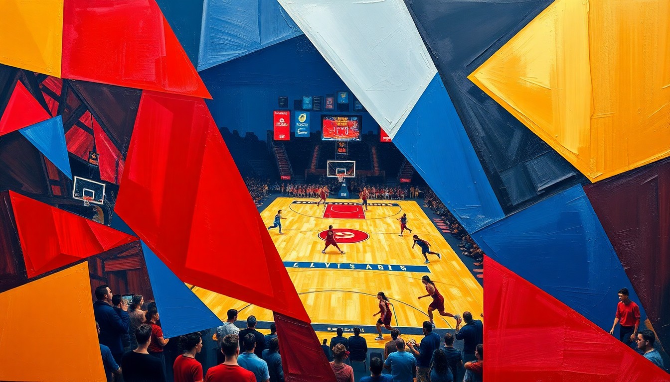 A cubist, geometric painting depicting the action of a women's basketball game, with overlapping planes of color and shape representing the dynamic movement and skill of the players on the court.