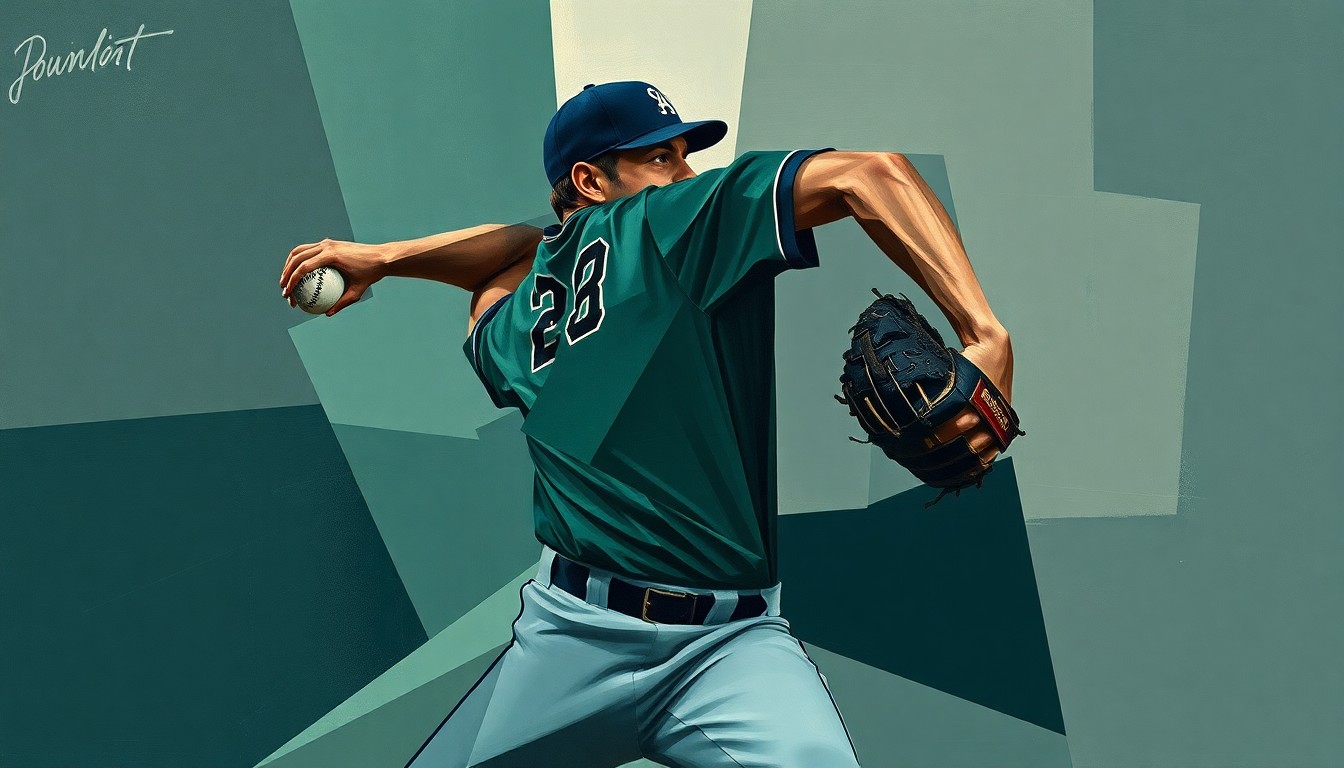 A fragmented, geometric painting depicting the motion of a baseball pitcher, with sharp planes of color representing the complex personal and professional challenges Bauer faces in his comeback attempt.