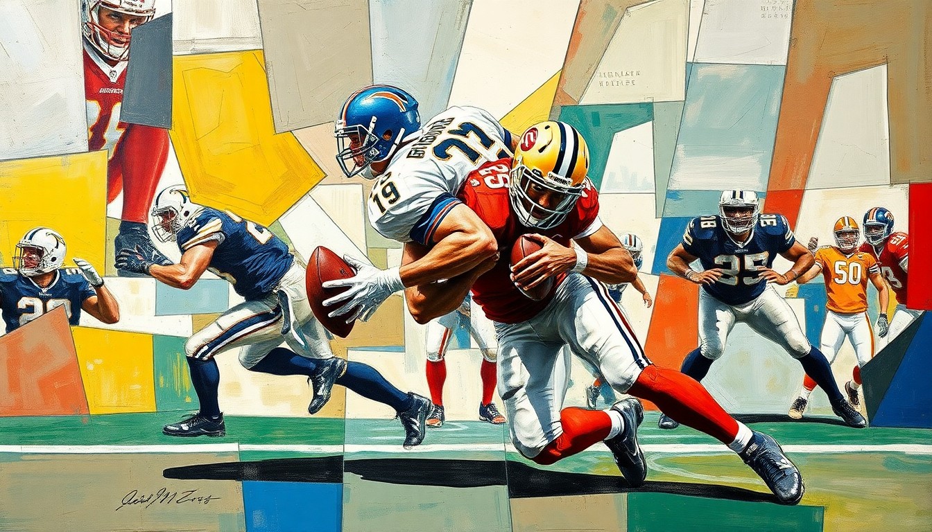 A cubist-style painting depicting a safety making a hard tackle, with the player's body broken down into sharp, overlapping geometric shapes and planes in a dynamic, fragmented composition.