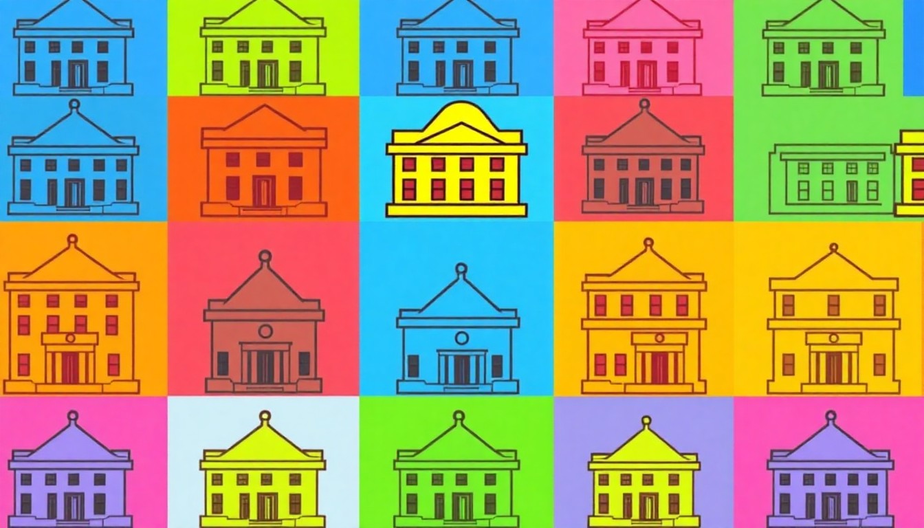 A bold, colorful silkscreen-style illustration featuring a repeating icon of a stylized county government building in bright neon shades, conceptually representing the accessibility and convenience of the new East County Service Center.
