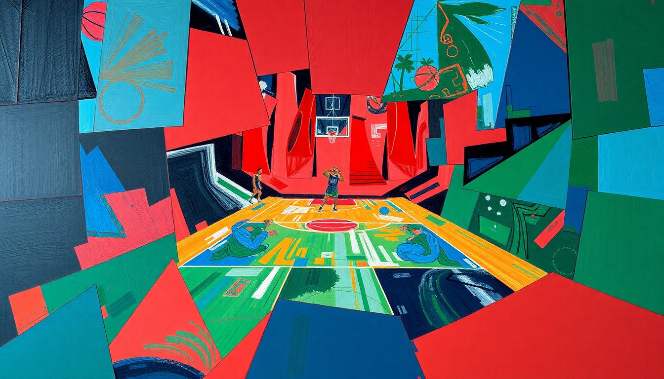 A cubist, geometric painting depicting a basketball game or match, with sharp, overlapping planes of color representing the dynamic action on the court.