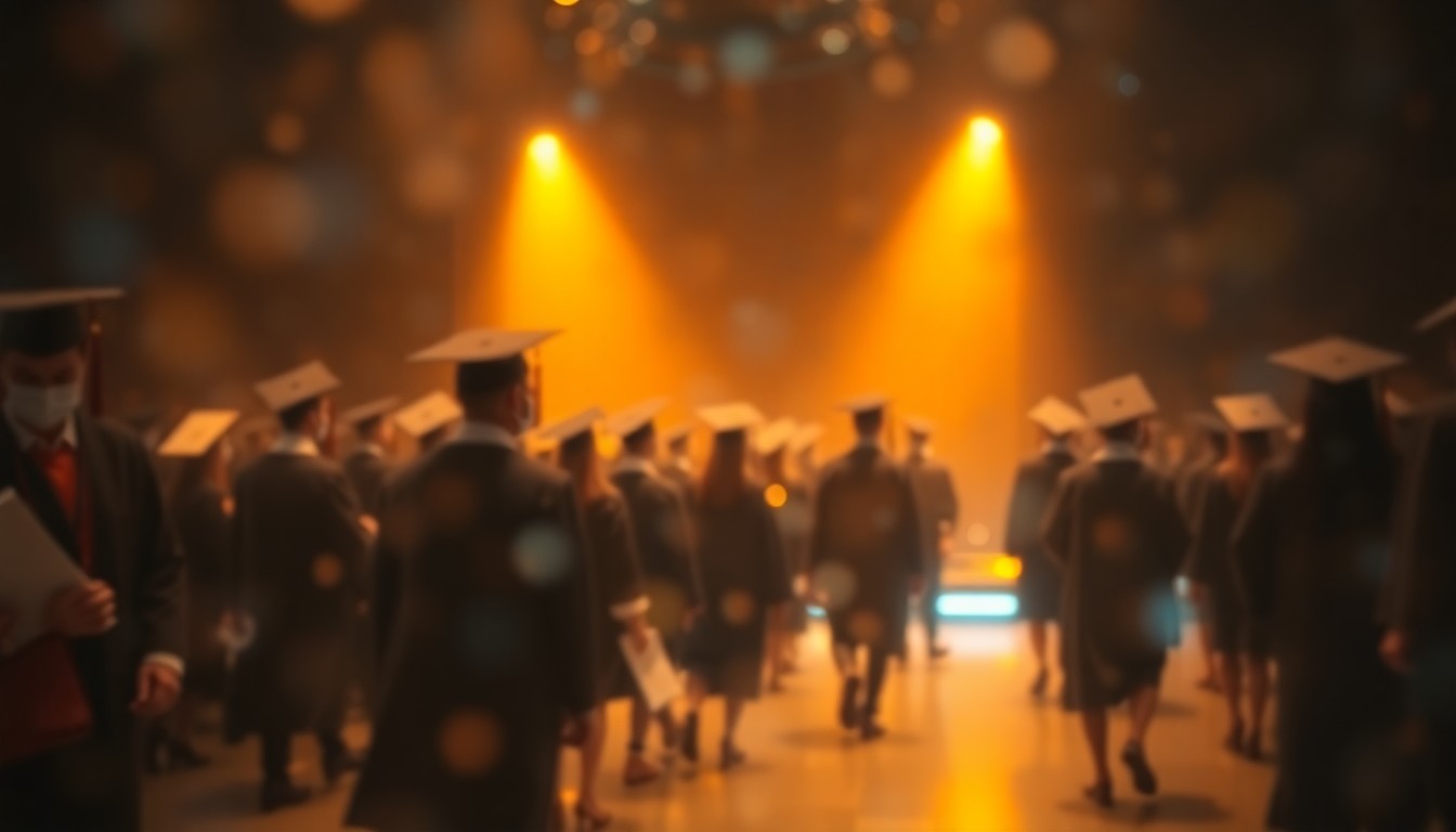 An extremely blurred and abstracted scene of graduates in caps and gowns walking across a stage, with soft pools of warm yellow, orange, and blue light creating a dreamlike, atmospheric quality.