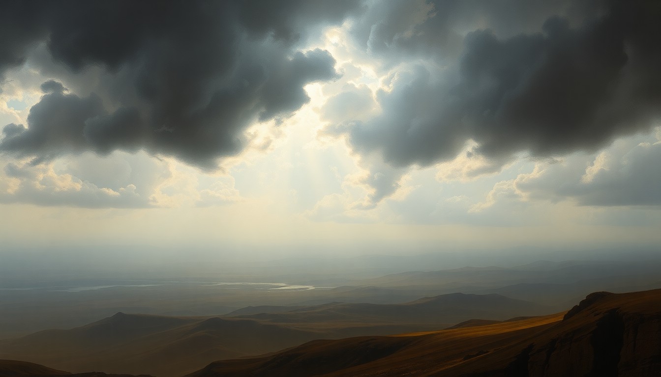 A vast, atmospheric landscape painting in muted tones of gray, blue, and gold, depicting a windswept, hazy horizon under a dramatic, turbulent sky. The scene conveys a sense of the overwhelming power and sublime scale of the natural world, with any physical structures or objects dwarfed by the overwhelming atmospheric conditions.