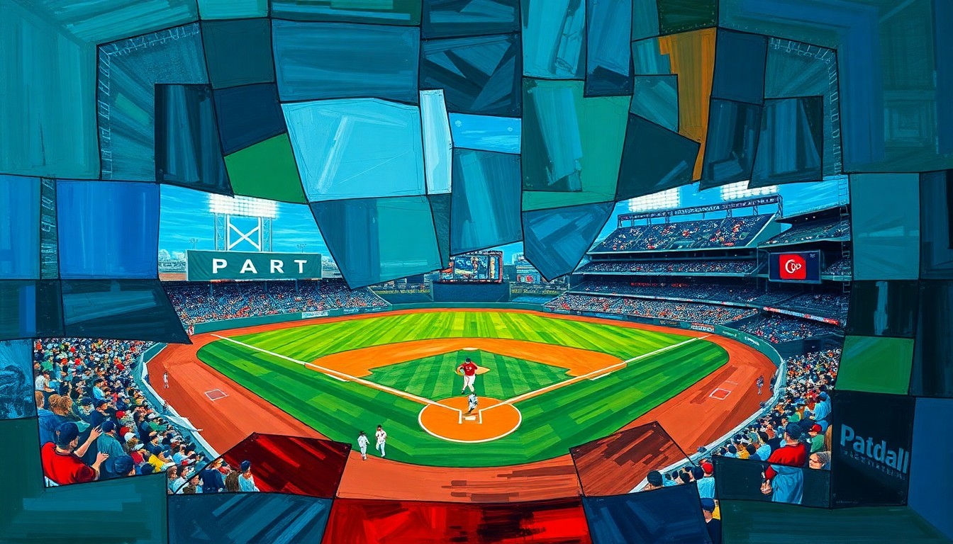 A cubist, geometric painting depicting a fragmented baseball game or match, with sharp, overlapping planes of color representing the dynamic action on the field.