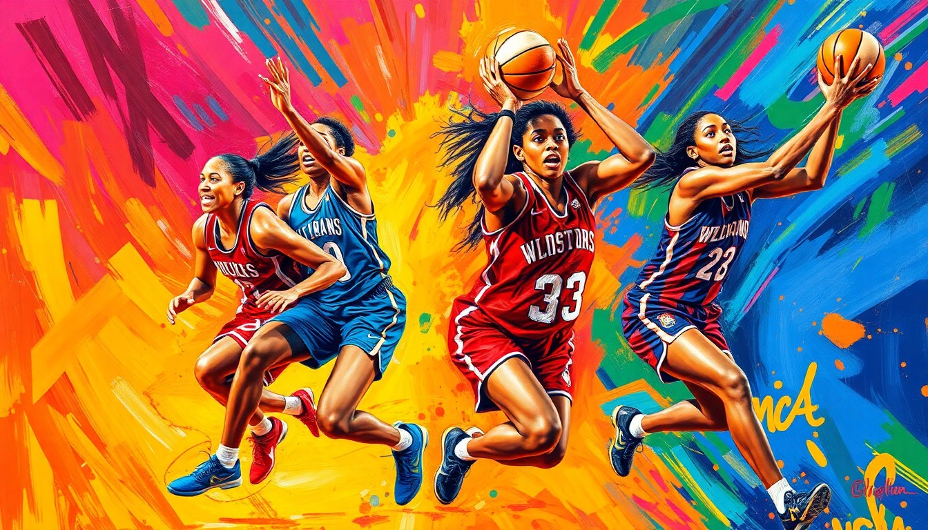 An abstract, energetic painting with bold, neon-colored brushstrokes representing the dynamic movement and athleticism of WNBA players in action.