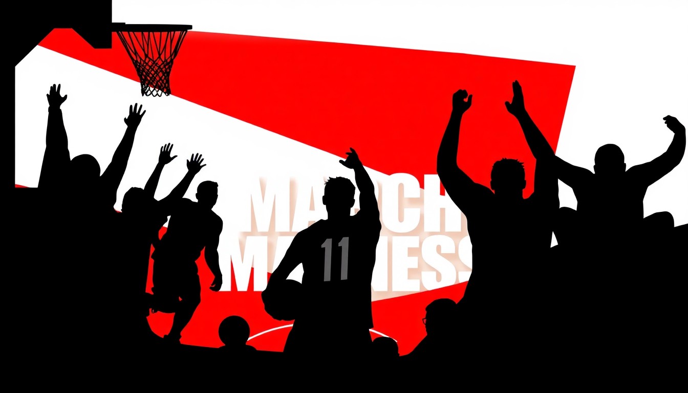 A bold, minimalist illustration featuring stark, jagged geometric shapes in high-contrast red and white, conceptually representing the theme of basketball and March Madness without any text or identifiable elements.