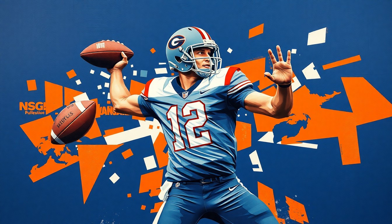 A fragmented, cubist-style painting depicting a college football quarterback in mid-throw, with his body and the ball broken down into sharp, overlapping geometric shapes and planes in shades of navy, orange, and white.