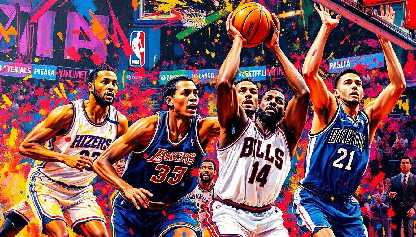 An abstract expressionist painting in vibrant neon colors, with blurred basketball players' figures and dynamic brushstrokes conveying the intense energy and fast pace of an NBA game.
