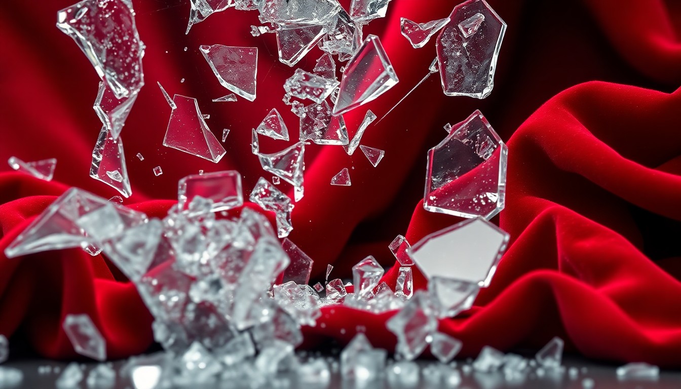 An abstract close-up image of shattered glass and crumpled red velvet fabric, conveying a sense of fractured power dynamics and tarnished glamour in the entertainment industry.