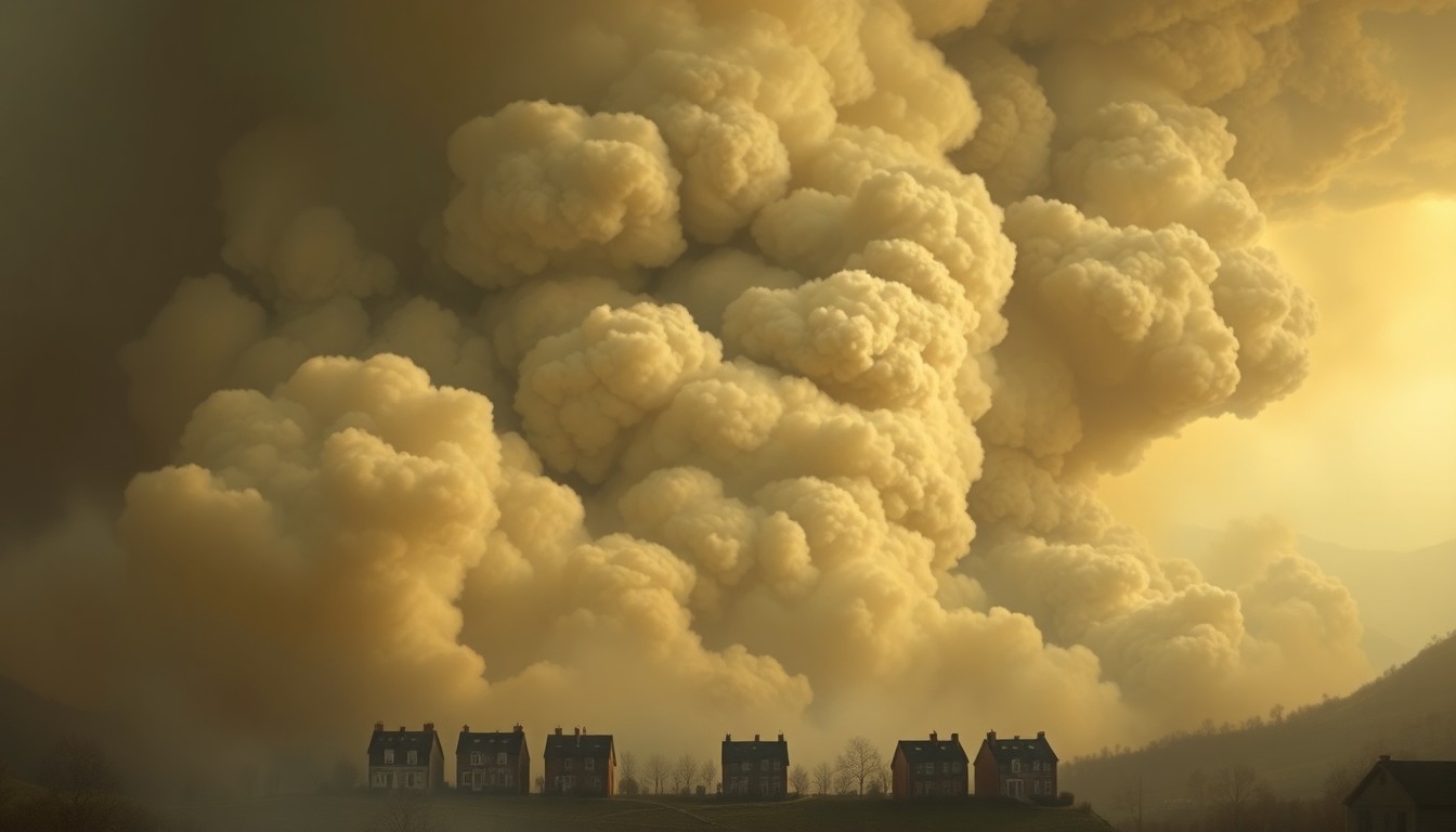 A vast, atmospheric landscape painting depicting a massive plume of thick, billowing smoke rising from a small cluster of townhouses, conveying the overwhelming scale and power of the natural disaster through deep perspective and dramatic lighting.