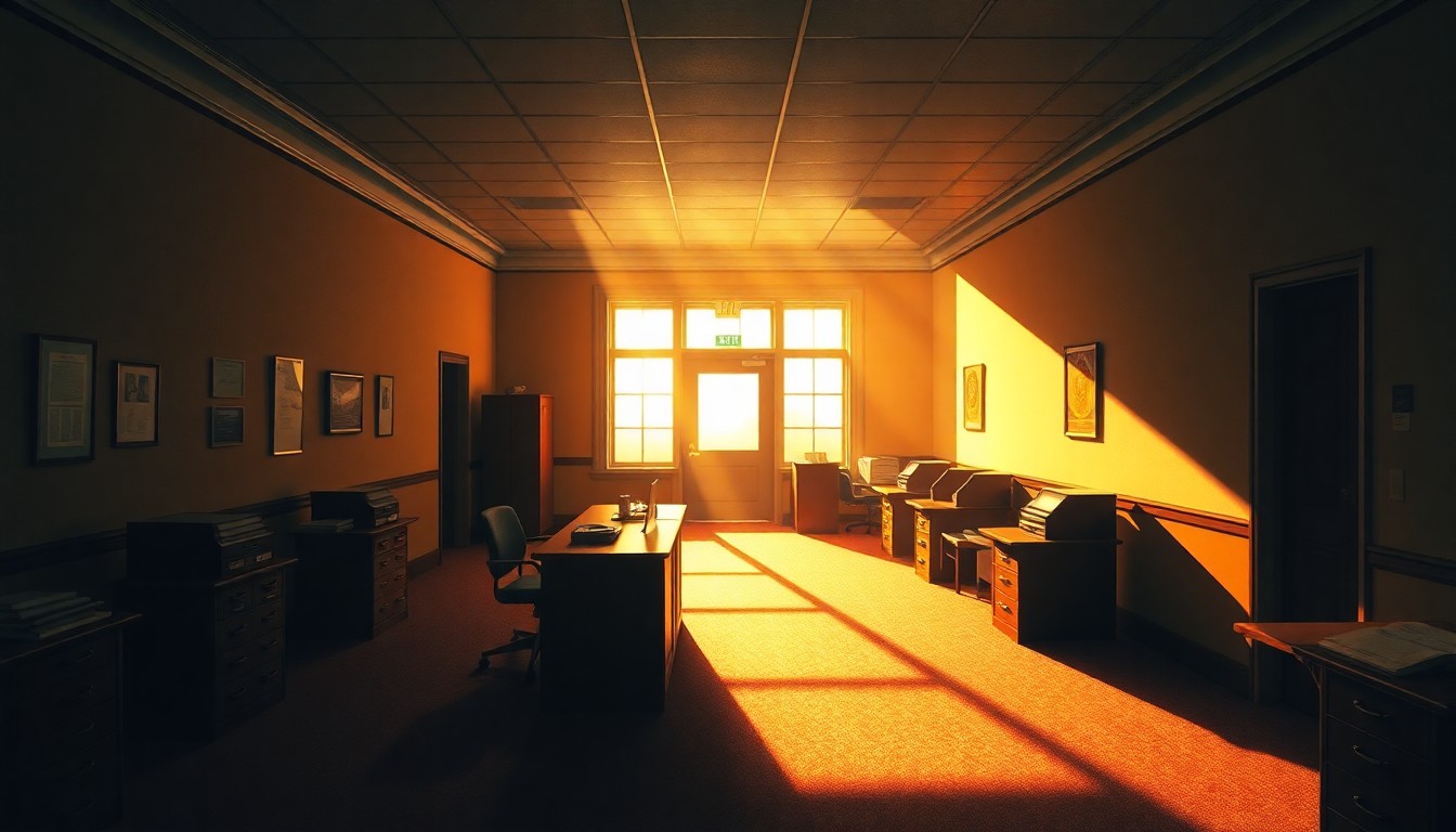 A dimly lit, cinematic painting of an empty government office or workspace, with sunlight streaming in through a window and casting deep shadows across the room, conveying a sense of quiet contemplation and unease around the political tensions surrounding immigration enforcement.