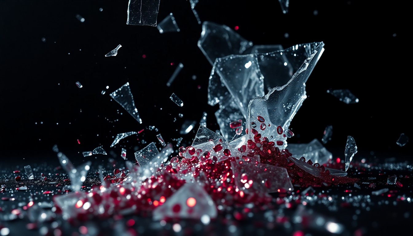 An abstract close-up image featuring shards of reflective glass and sparkling sequins, captured in high-contrast studio lighting to convey the film's blend of glamour and darkness.