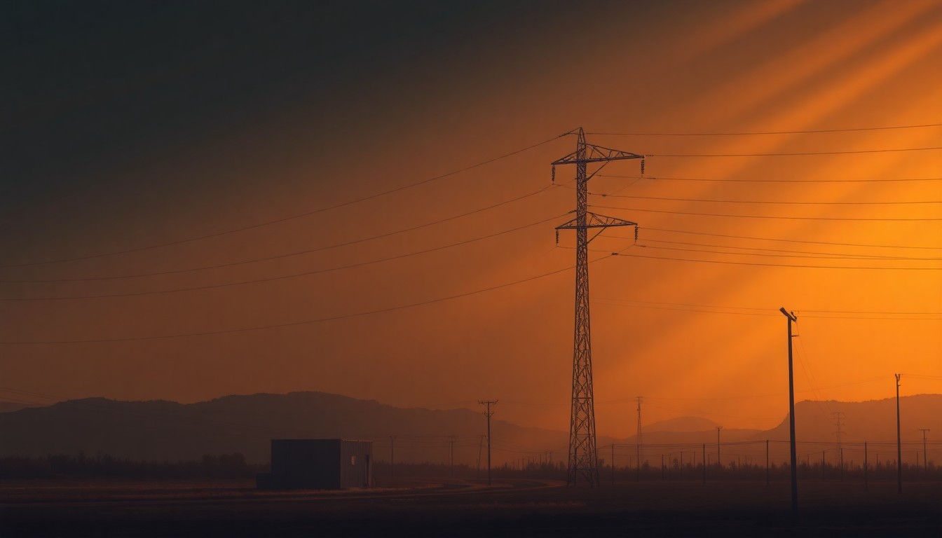 A serene, photorealistic painting of a solitary electrical substation tower standing tall against a backdrop of warm, golden sunlight and deep, dramatic shadows, conveying a sense of the quiet power and infrastructure that underpins modern energy systems.