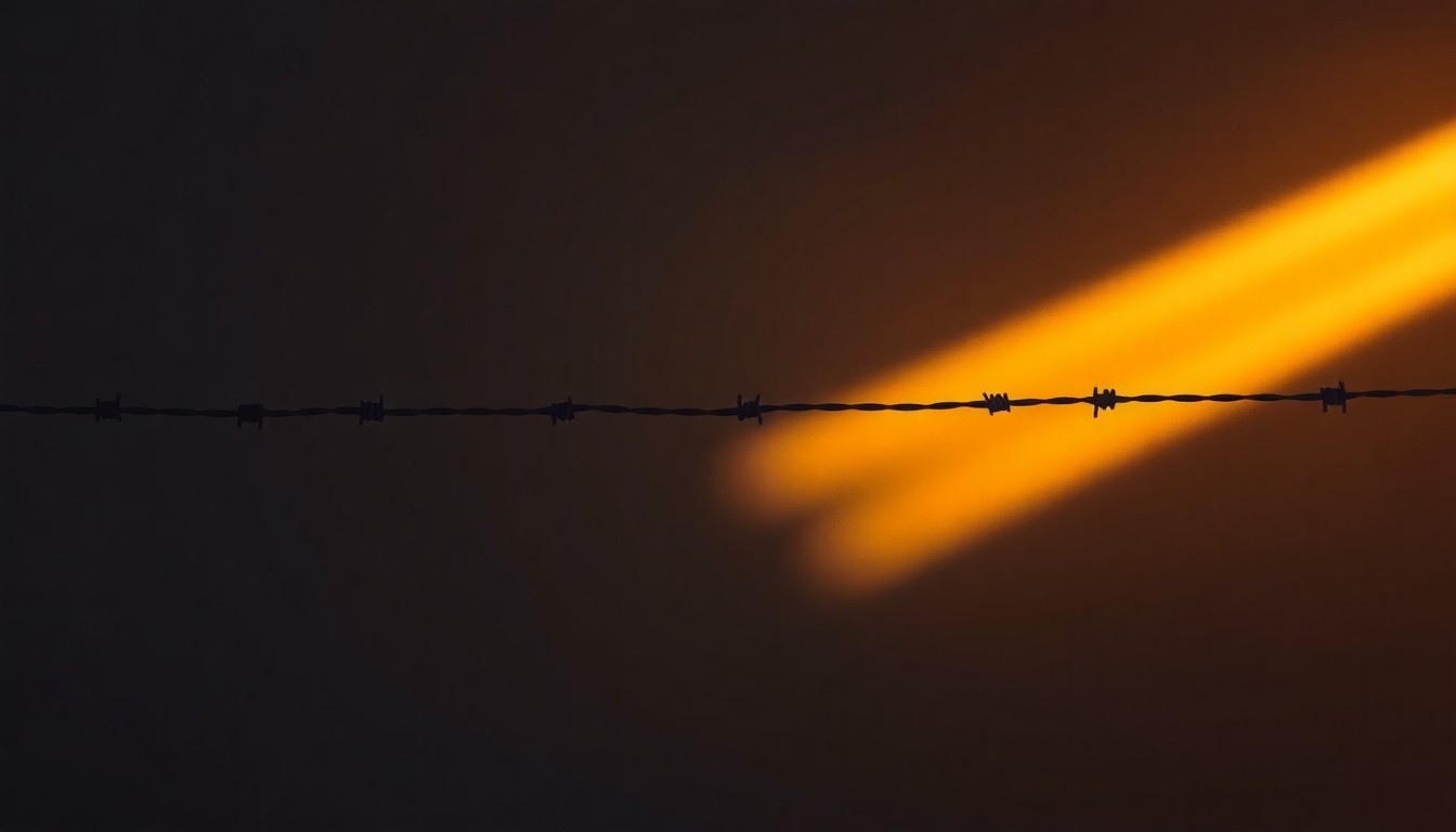 A close-up painting of a single strand of barbed wire, its rusted texture and sharp edges softened by warm, golden light and deep shadows, conveying a sense of quiet contemplation and reverence.