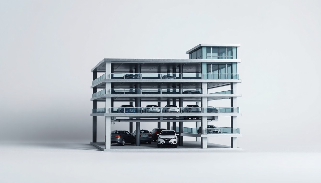A photorealistic studio still-life image of a miniature, modern multi-level parking garage structure made of polished steel and glass, conveying a sense of urban renewal and economic recovery through the use of dramatic lighting and a clean, monochromatic background.