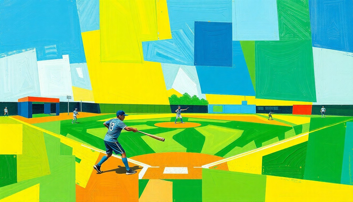 A fractured, cubist-style painting depicting a youth baseball game or practice, with players and equipment broken down into sharp, overlapping geometric shapes in a vibrant color palette, capturing the energy and excitement of the camp.