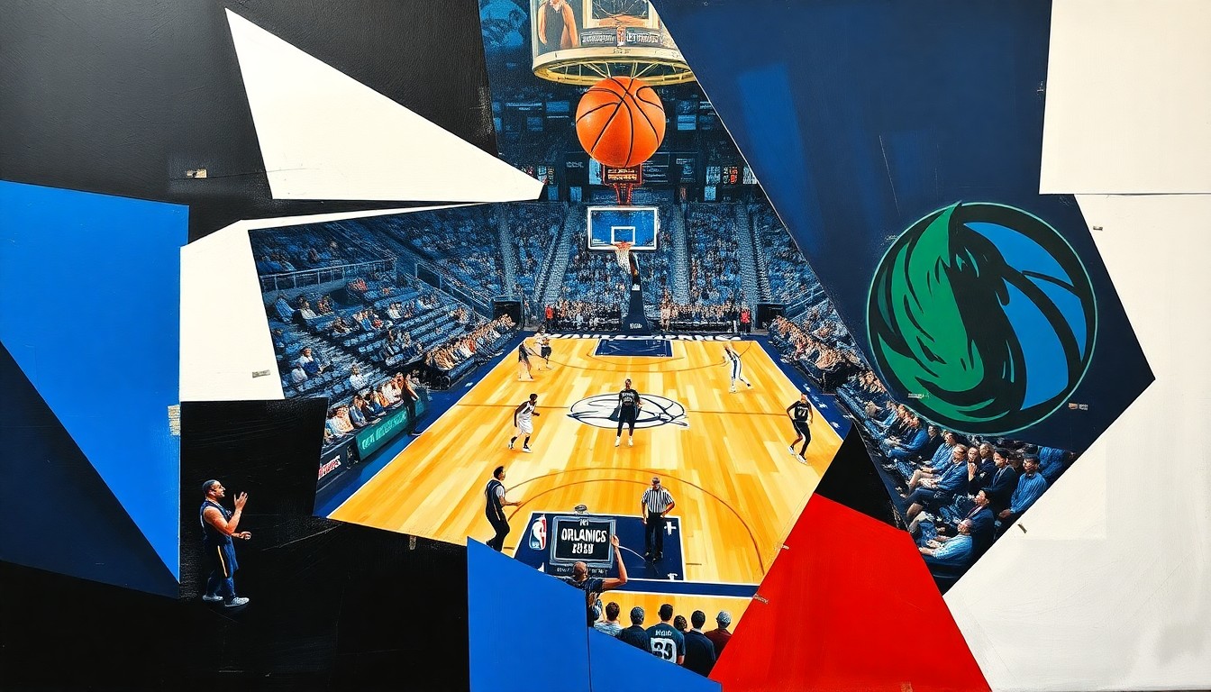 A fractured, cubist-style painting depicting the action of a basketball game between the Orlando Magic and Dallas Mavericks, with the players and court broken down into sharp, overlapping geometric shapes in the teams' respective color palettes.