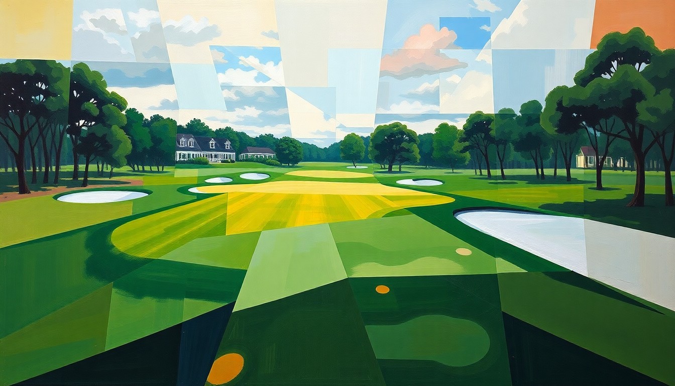 A fractured, multi-perspective painting depicting a golf course scene broken down into sharp, overlapping geometric planes in a cubist style, representing the complex issues surrounding Tiger Woods' recent DUI arrest.