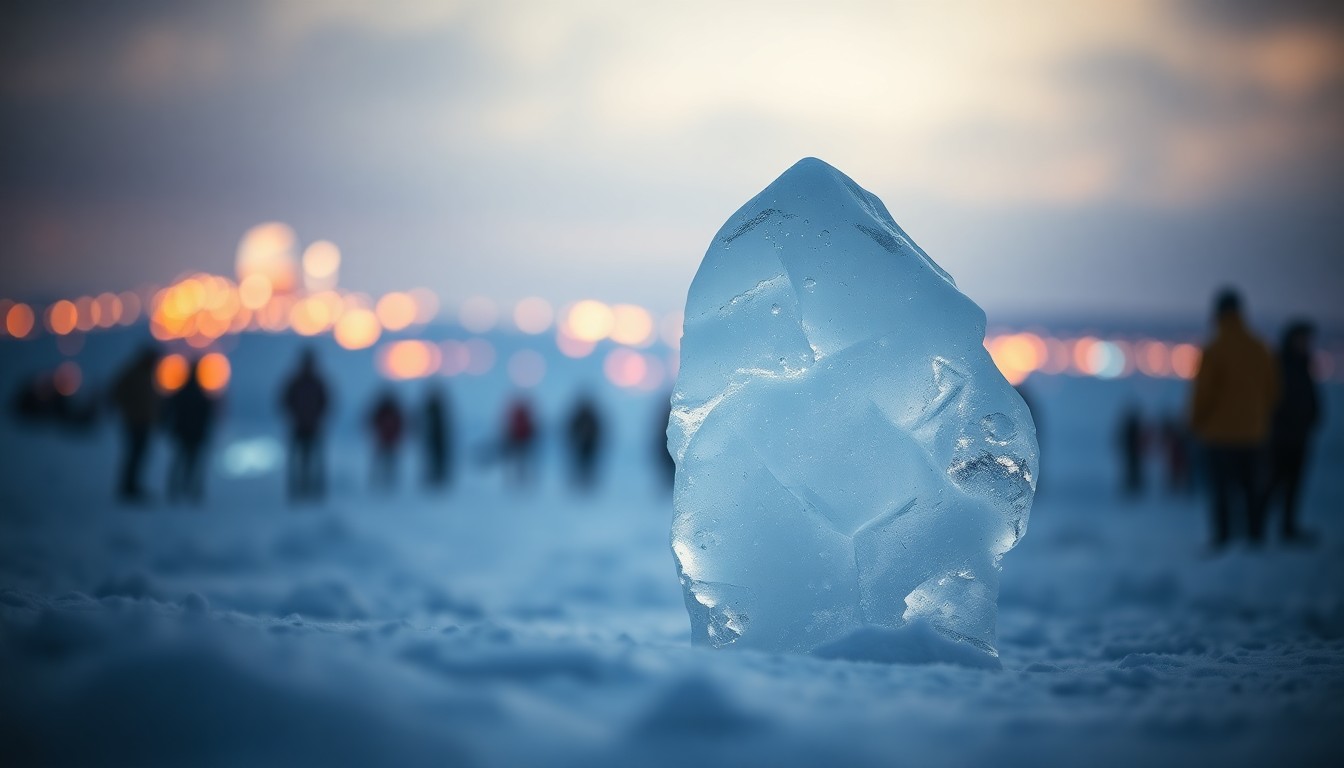 A blurred, dreamlike photograph of an ice sculpture partially obscured by falling snow, with soft pools of warm light in the background, capturing the atmospheric and artistic nature of the World Ice Art Championships.