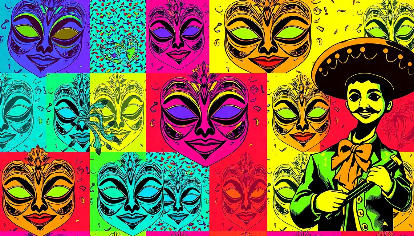 A high-contrast silkscreen print in neon colors featuring a repeating pattern of a classic Fiesta De Los Reyes mask or other celebratory icon, capturing the lively spirit of the annual event.