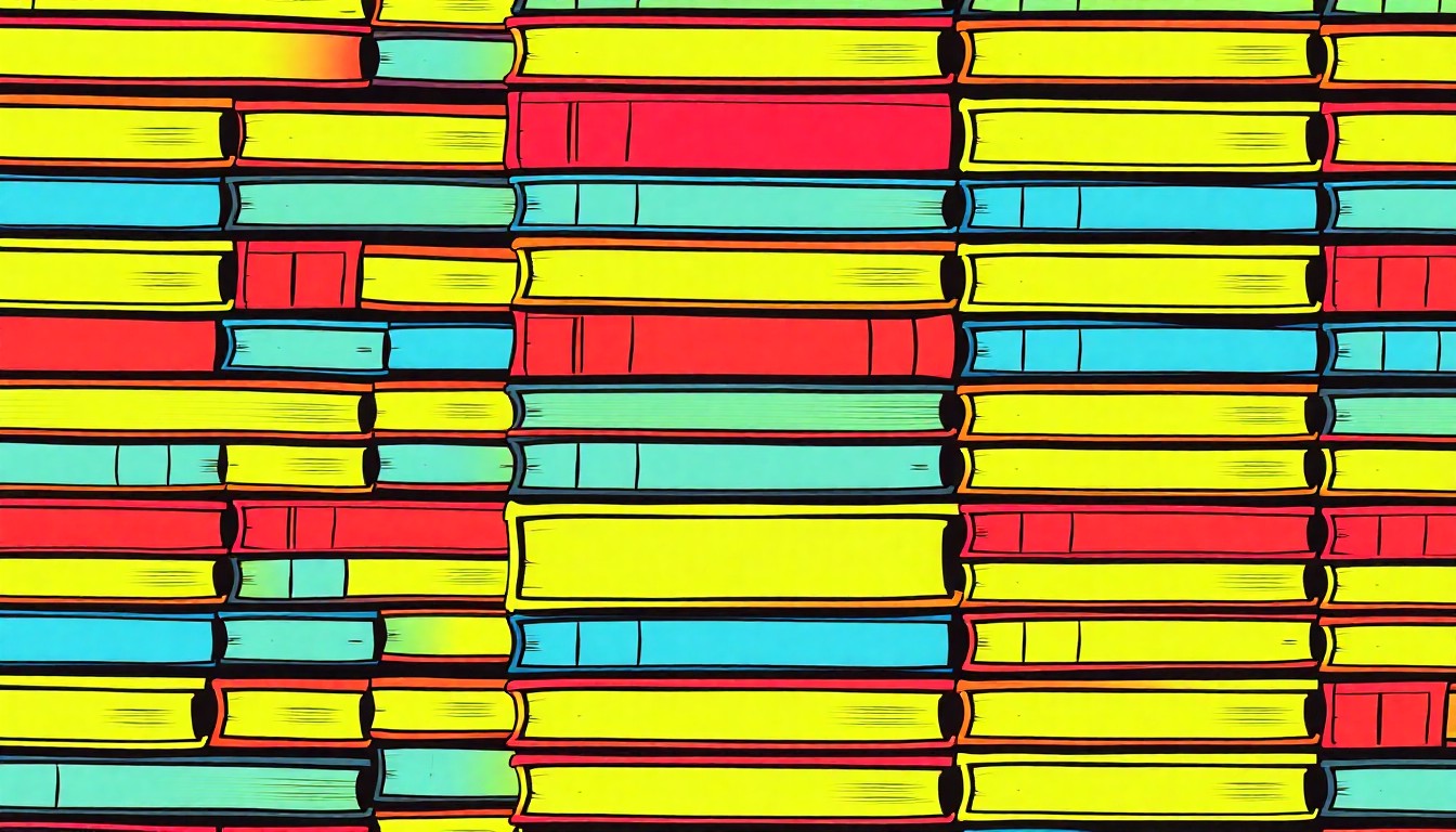 A bold, colorful silkscreen-style illustration featuring a repeating grid of textbooks in vibrant neon hues, conceptually representing the focus on improving student learning outcomes in the Fort Worth school district.