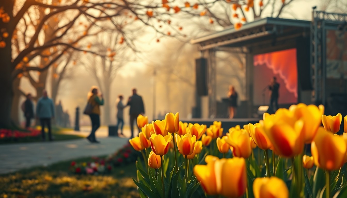 A dreamy, impressionistic photograph showing the blurred outlines of tulips, people, and a performance stage in a park, all bathed in a warm, soft light.